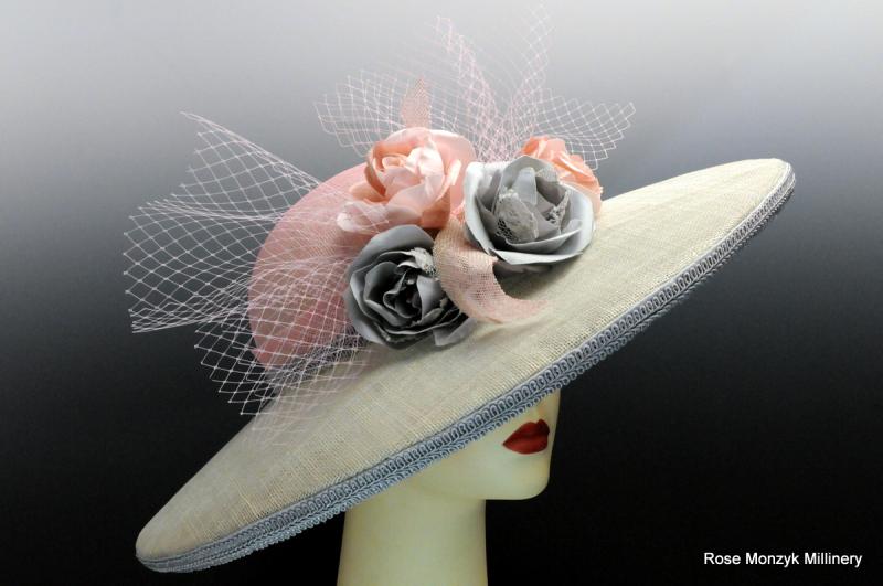 Pink and gray picture hat.